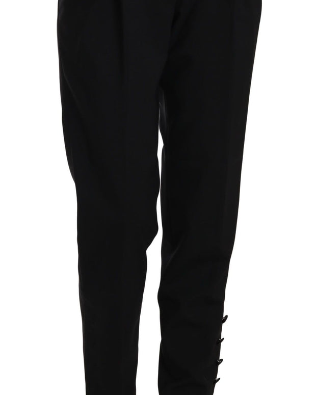 Black Button Pleated Tapered Trouser Pants