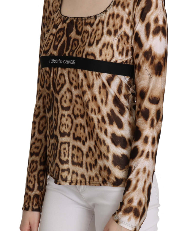 Brown Round Neck Leopard Women Top Blouse
