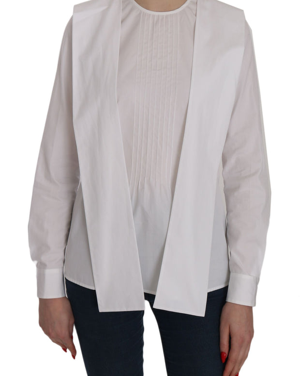 White Crew Neck Long Sleeve Cotton Blouse
