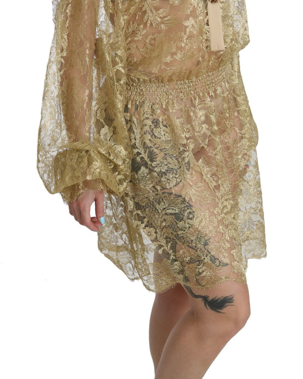 Gold Lace See Through A-Line Knee Length Dress