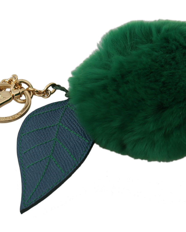 Green Leather Fur Gold Clasp Keyring Women Keychain