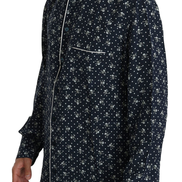 Silken Elegance: Blue Skull Print Lounge Shirt