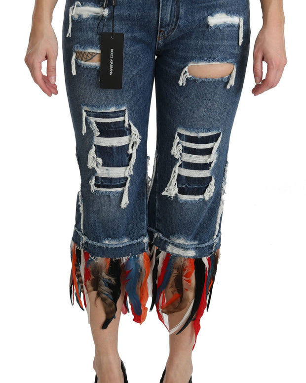 Blue Feathers Low Waist Cropped Cotton Jeans