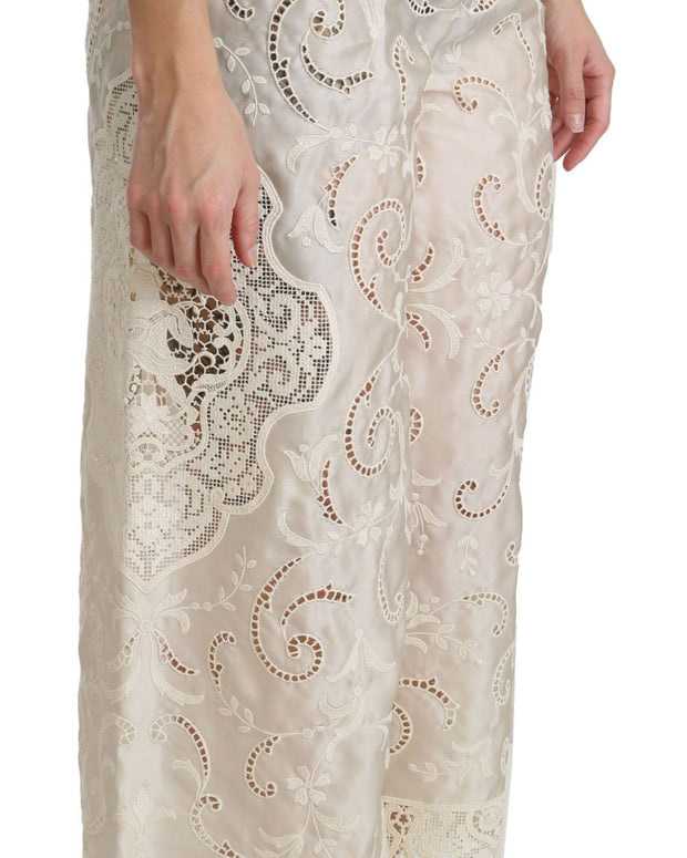 Cream Lace High Waist Palazzo Cropped Pants