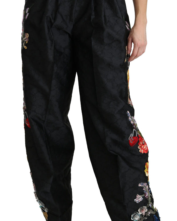 Black Brocade Floral Sequined Beaded Pants