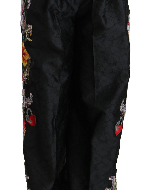 Black Brocade Floral Sequined Beaded Pants