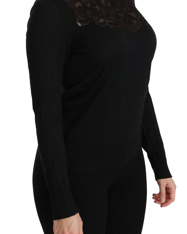Black Silk Lace Crew Neck Long Sleeve Blouse