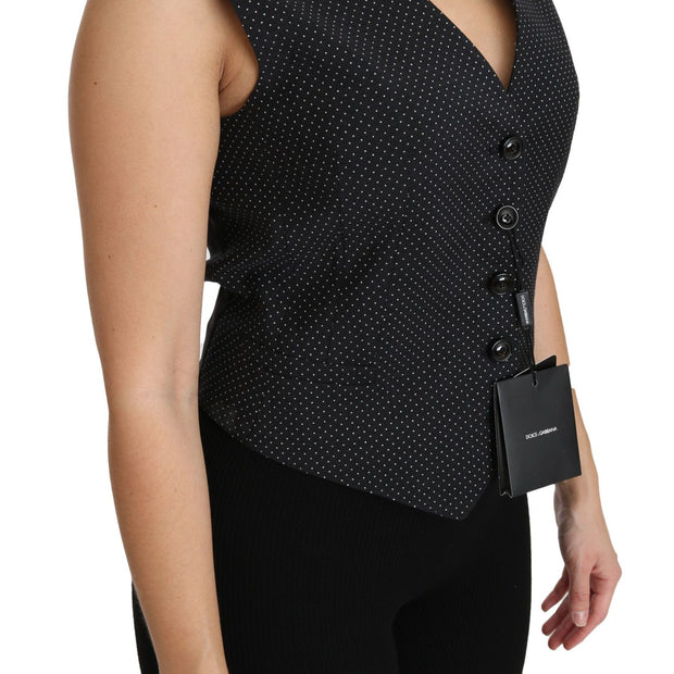 Chic Black Dotted Wool Blend Sleeveless Vest