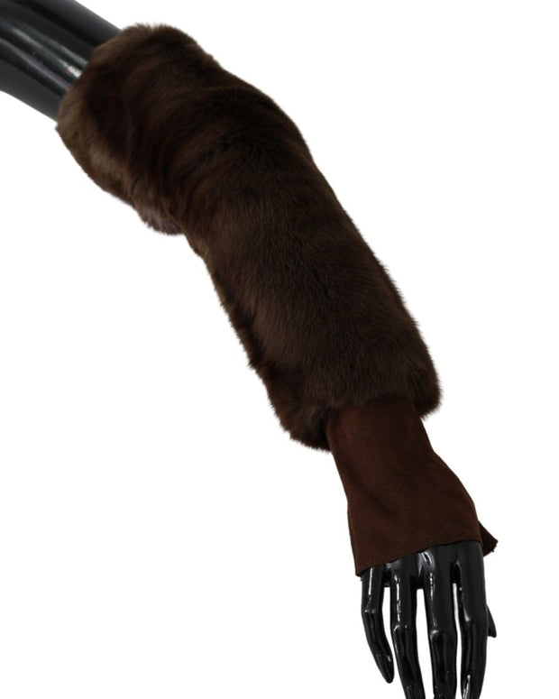 Brown Elbow Length Finger Less Fur Gloves
