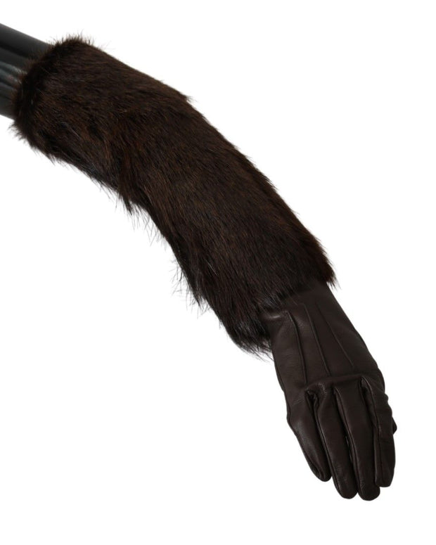 Brown Elbow Length Mittens Leather Fur Gloves