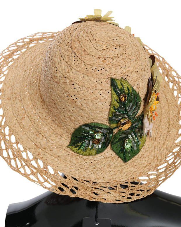 Beige Wide Brim Floral Bucket Capello Hat
