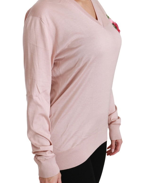 Pink Floral Embellished Pullover Silk Sweater