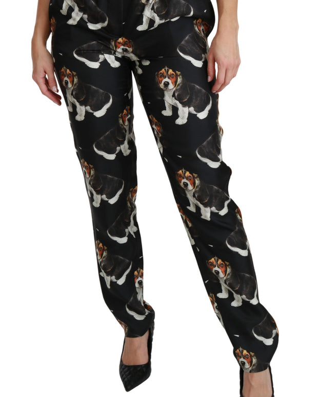 Black Puppy Dog Mid Waist Skinny Silk Pants