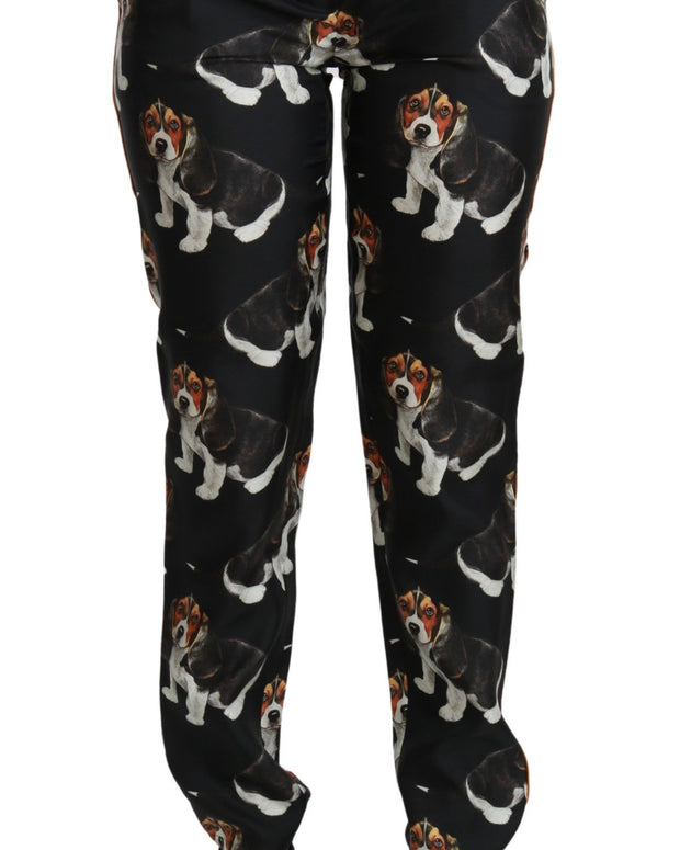 Black Puppy Dog Mid Waist Skinny Silk Pants