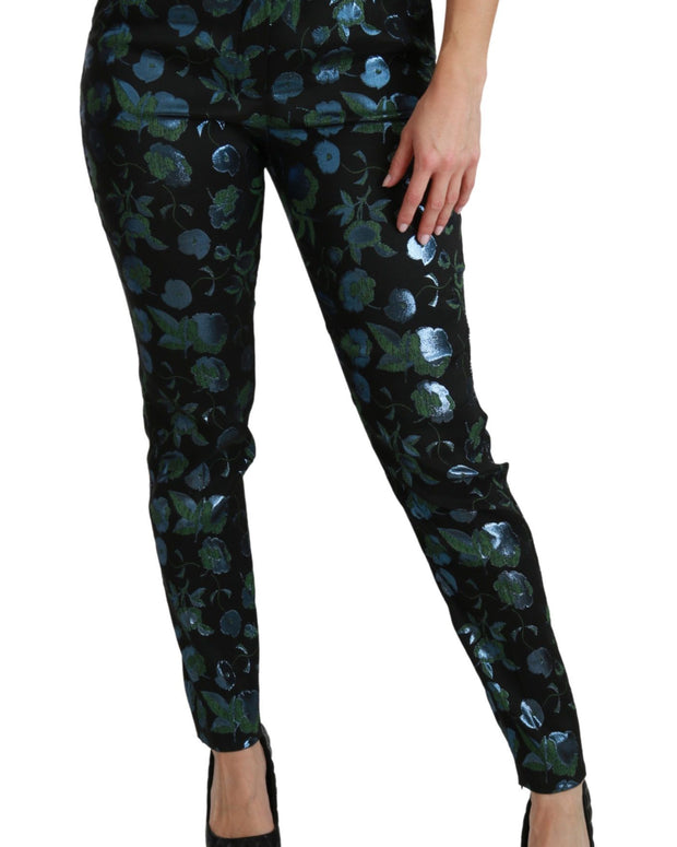 Blue Green Floral Metallic Slim Pants