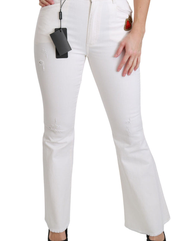 White Heart Flared Stretch Cotton Pants