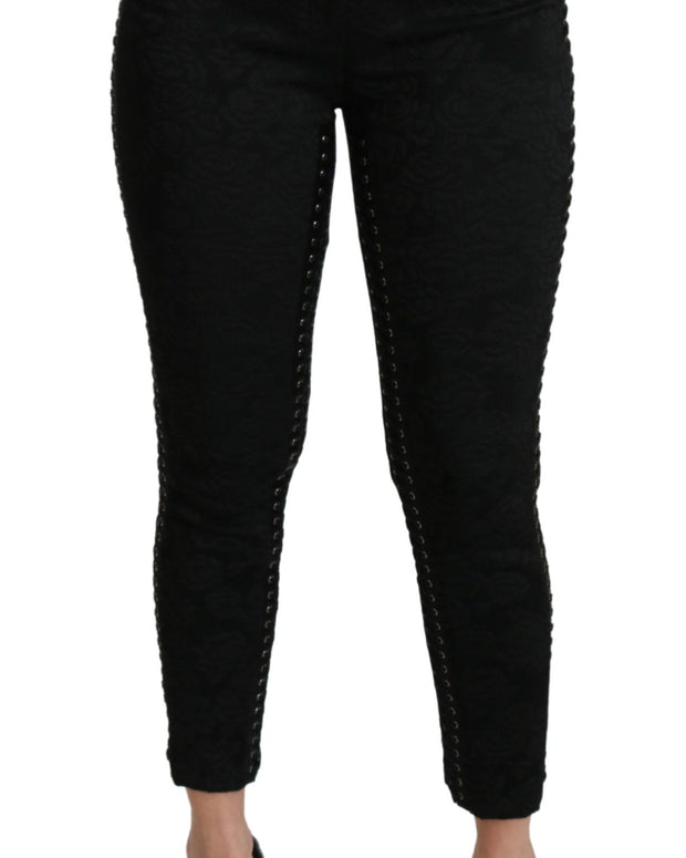 Black Brocade Skinny High Waist Pants