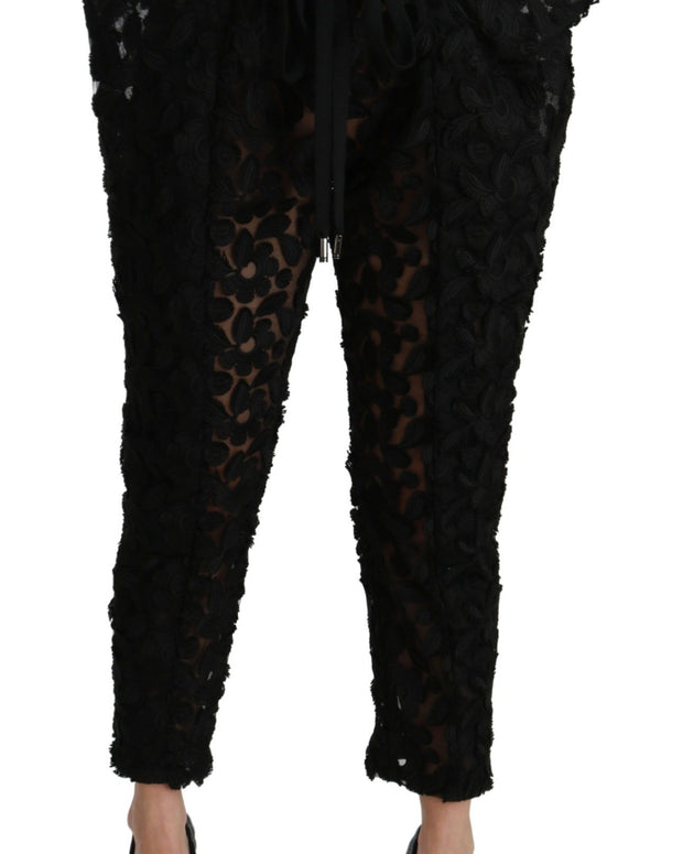 Black Floral Lace Tapered High Waist Pants