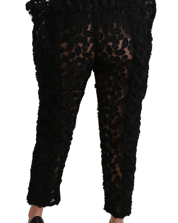 Black Floral Lace Tapered High Waist Pants