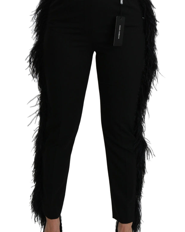 Black Feather Straight High Waist Wool Pants