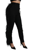 Black Feather Straight High Waist Wool Pants