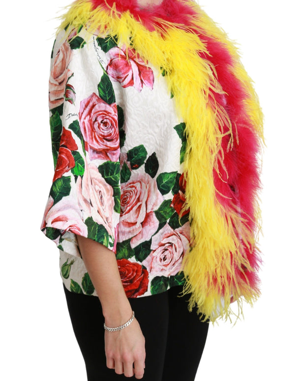 White Floral Coat Capte Fur Roses Jacket