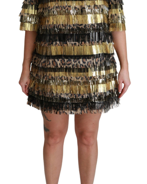 Polyester Black Gold Leopard Shift Mini Dress