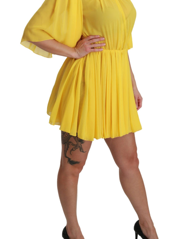 Yellow Pleated A-line Mini 100% Silk Dress