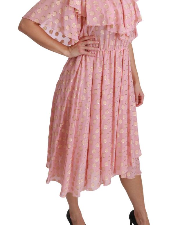 Silk Pink Polka Dots Pleated A-line Midi Dress