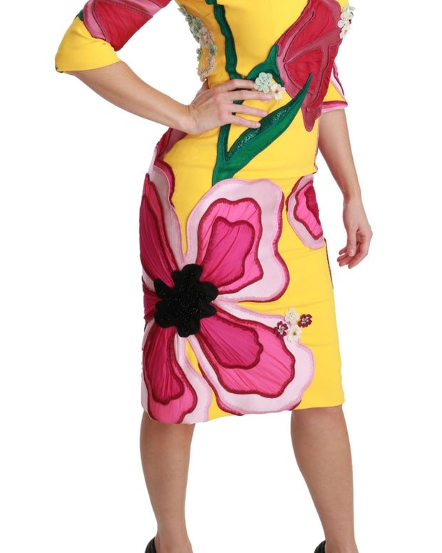 Yellow Floral Crystal Bodycon Sheath Dress