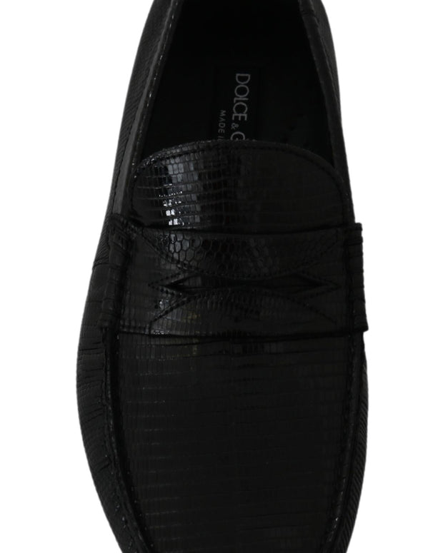 Black Lizard Leather Flat Loafers Shoes