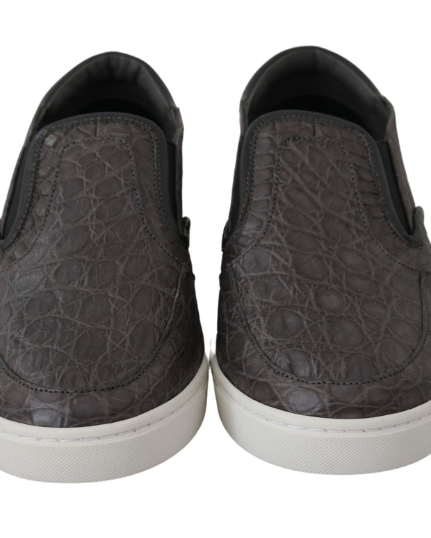 Gray Leather Flat Caiman Mens Loafers Shoes