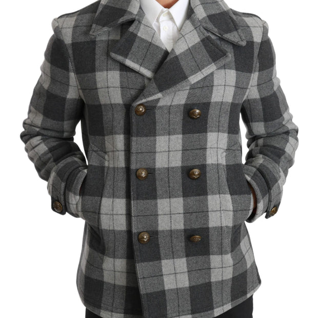 Elegant Gray Check Double Breasted Coat