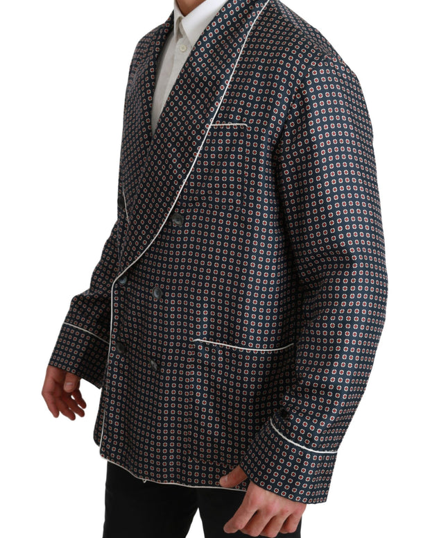 Navy Blue Patterned Double Breasted Coat Jacket