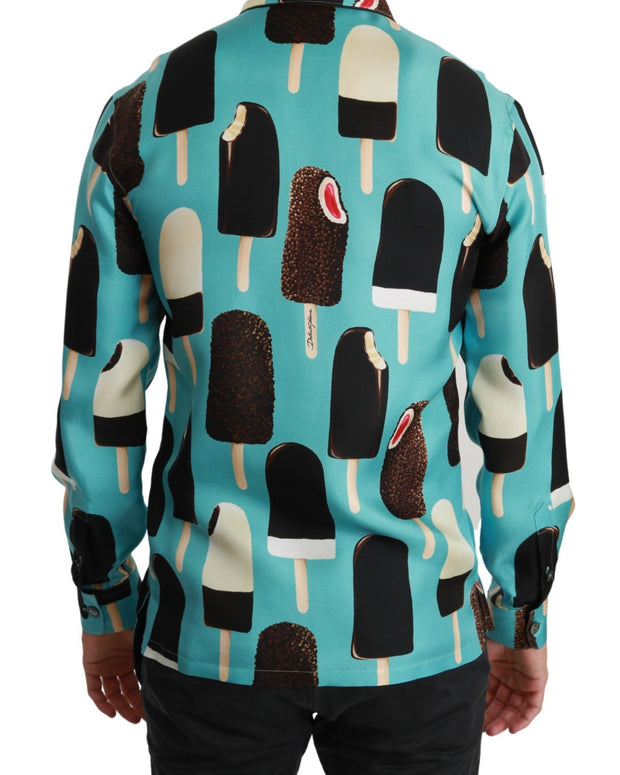 Blue Silk Ice Cream Print Casual Shirt