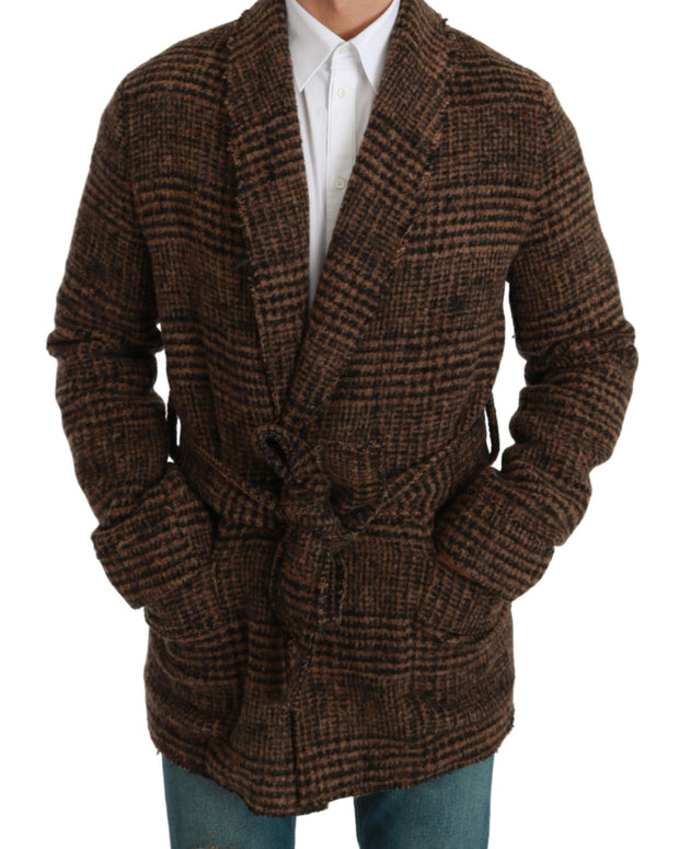 Brown Checkered Wool Robe Coat  Wrap Jacket