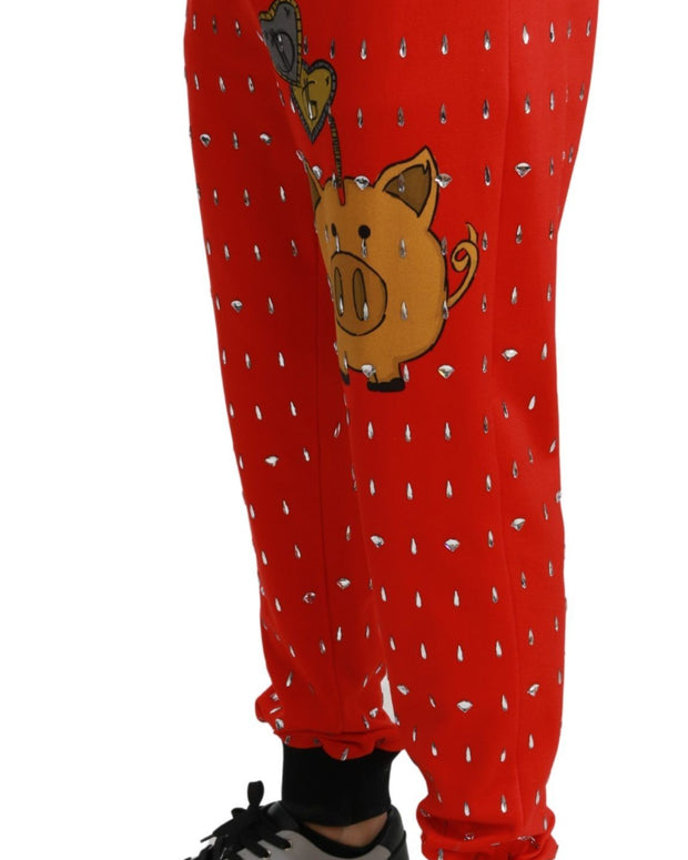 Red Piggy Bank Cotton Crystal Trousers Pants