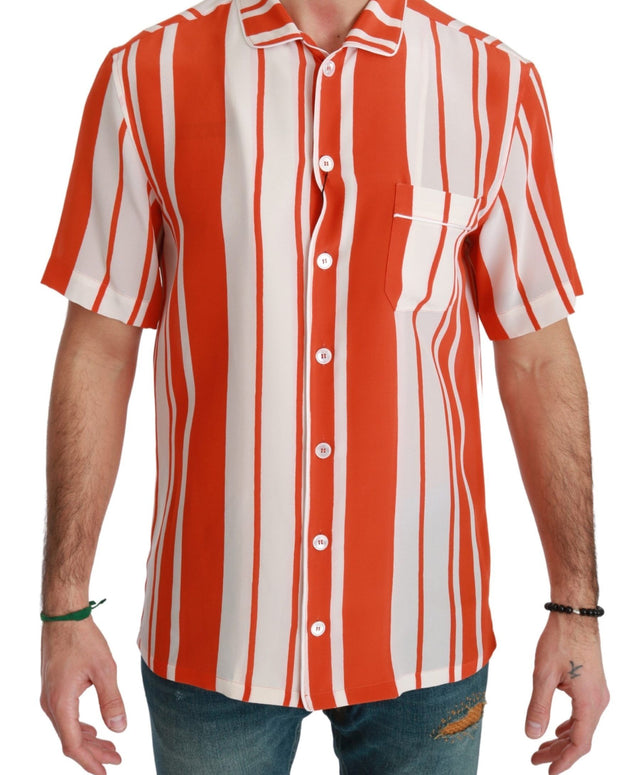 Orange Silk Striped Short Sleeve White Shirt