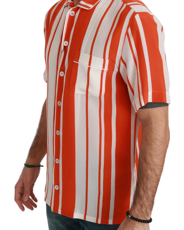 Orange Silk Striped Short Sleeve White Shirt