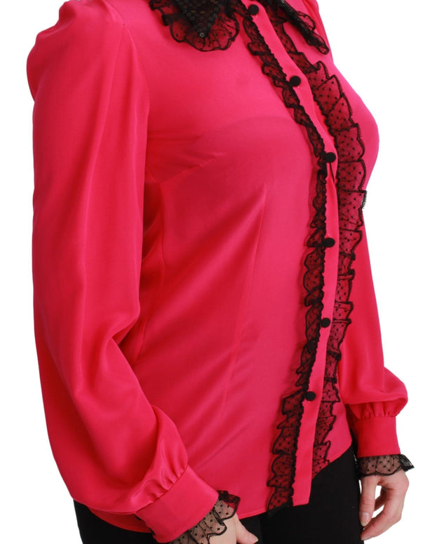 Pink Silk Black Sequin Lace Shirt Blouse