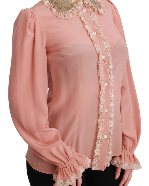 Pink Silk Gold Sequin Lace Blouse Shirt