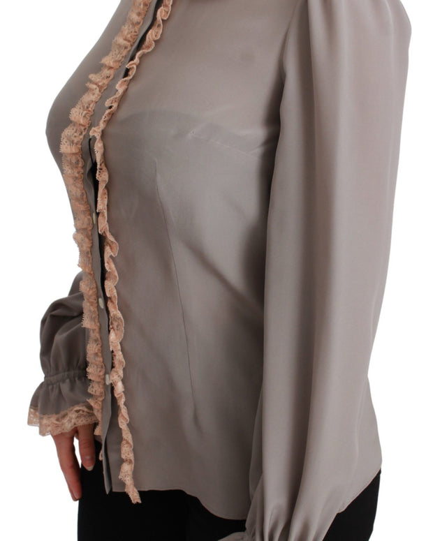 Gray Silk Gold Sequin Lace Blouse Shirt