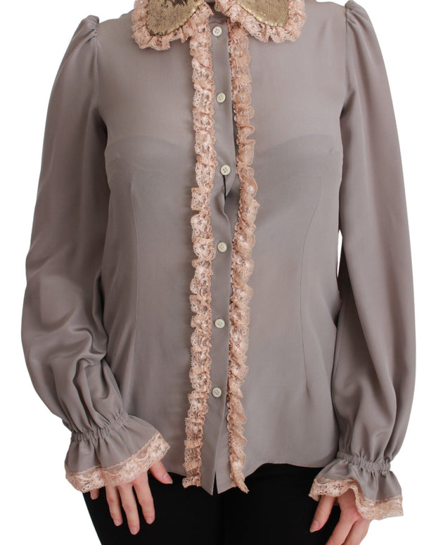 Gray Silk Gold Sequin Lace Blouse Shirt