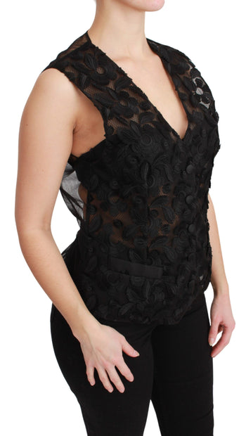 Elegant Floral Black Silk Blend Vest