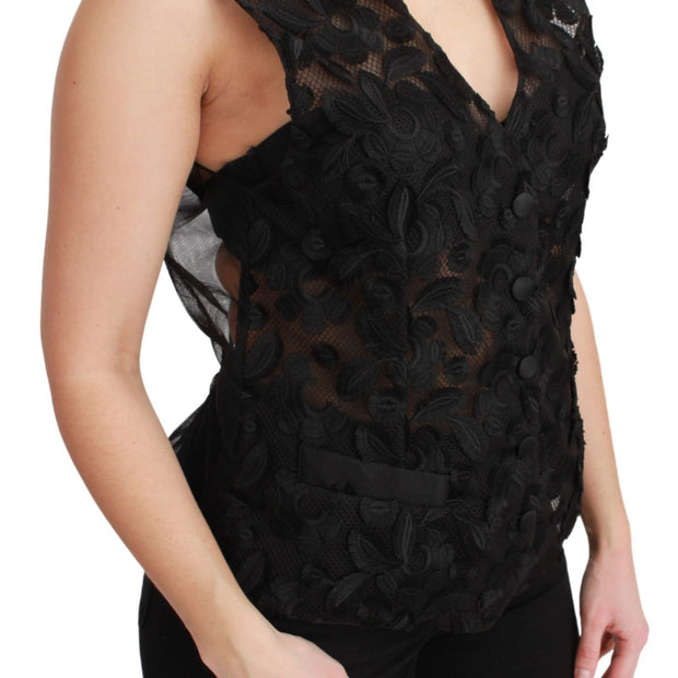 Elegant Floral Black Silk Blend Vest