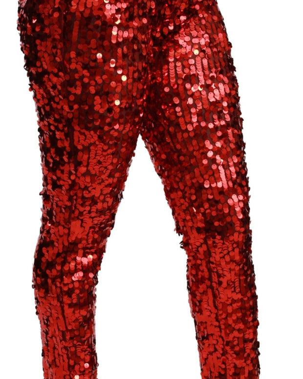 Red Sequined Cropped Trousers Pants
