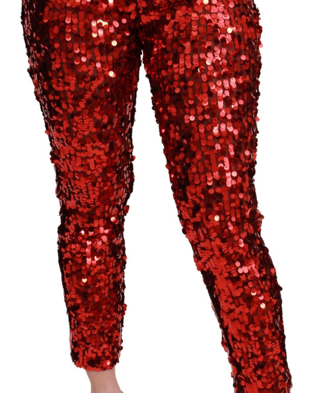 Red Sequined Cropped Trousers Pants