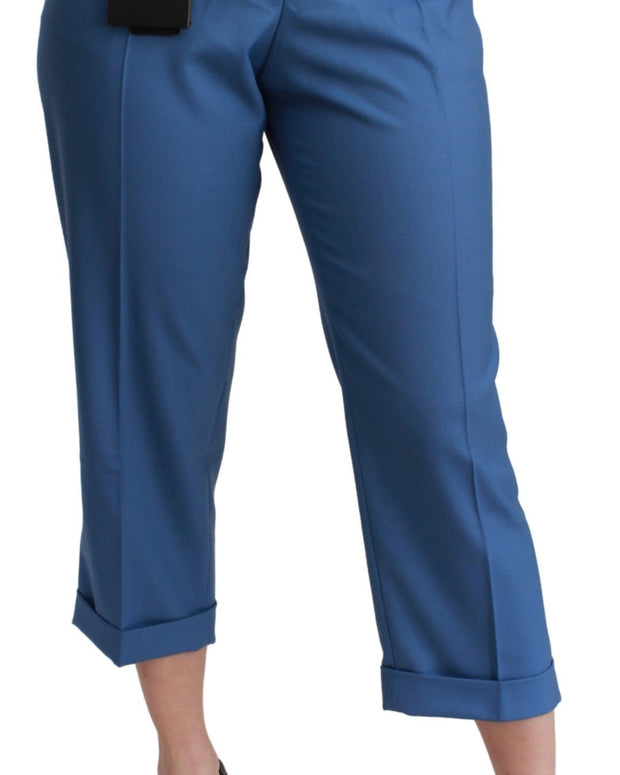 Blue Pleated Wool Cuffed Cropped Trouser Pants