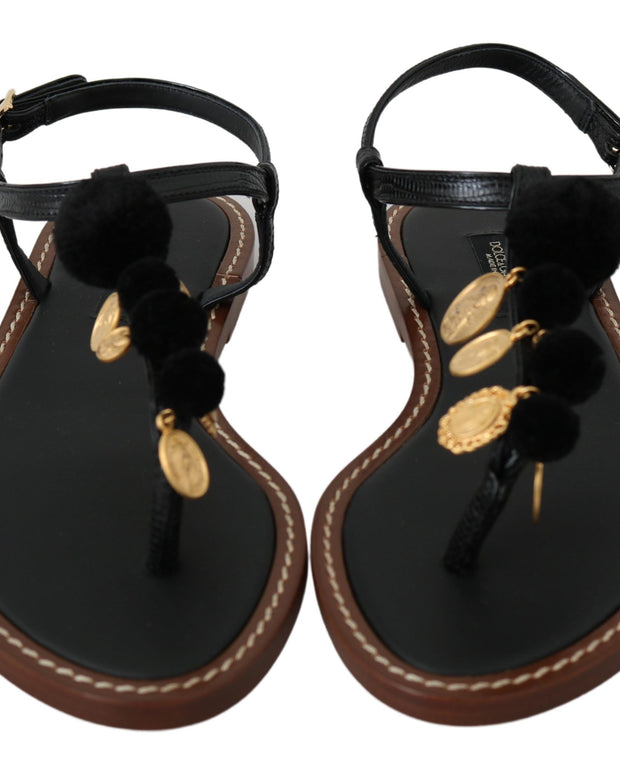 Black Leather Coins Flip Flops Sandals Shoes