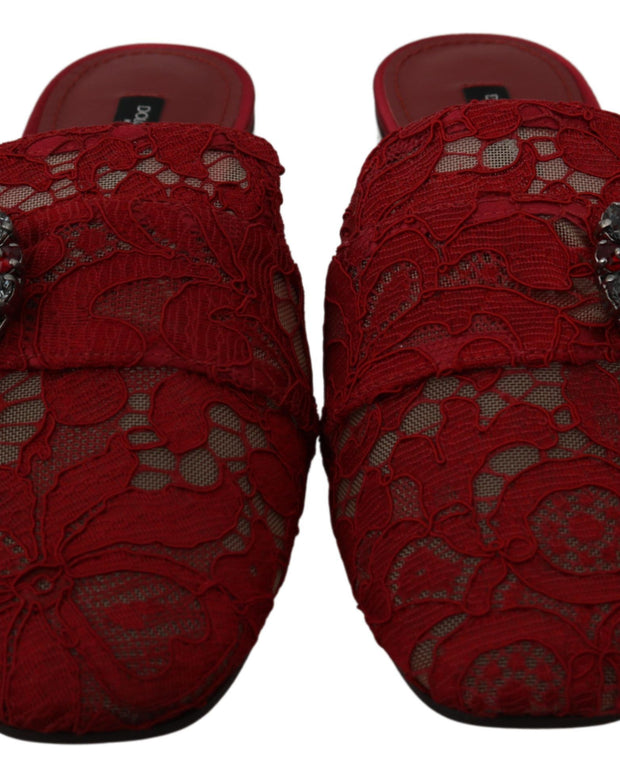 Red Lace Crystal Slide On Flats Shoes